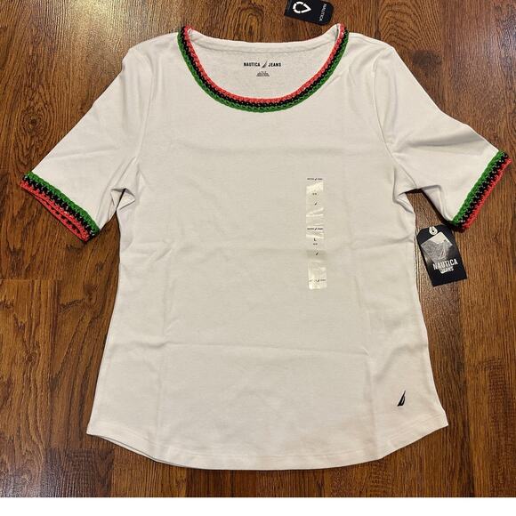 Nautica Jeans Women's Cotton Crochet-Trim Short Sleeve Tee White Size Large NWT - Picture 1 of 7